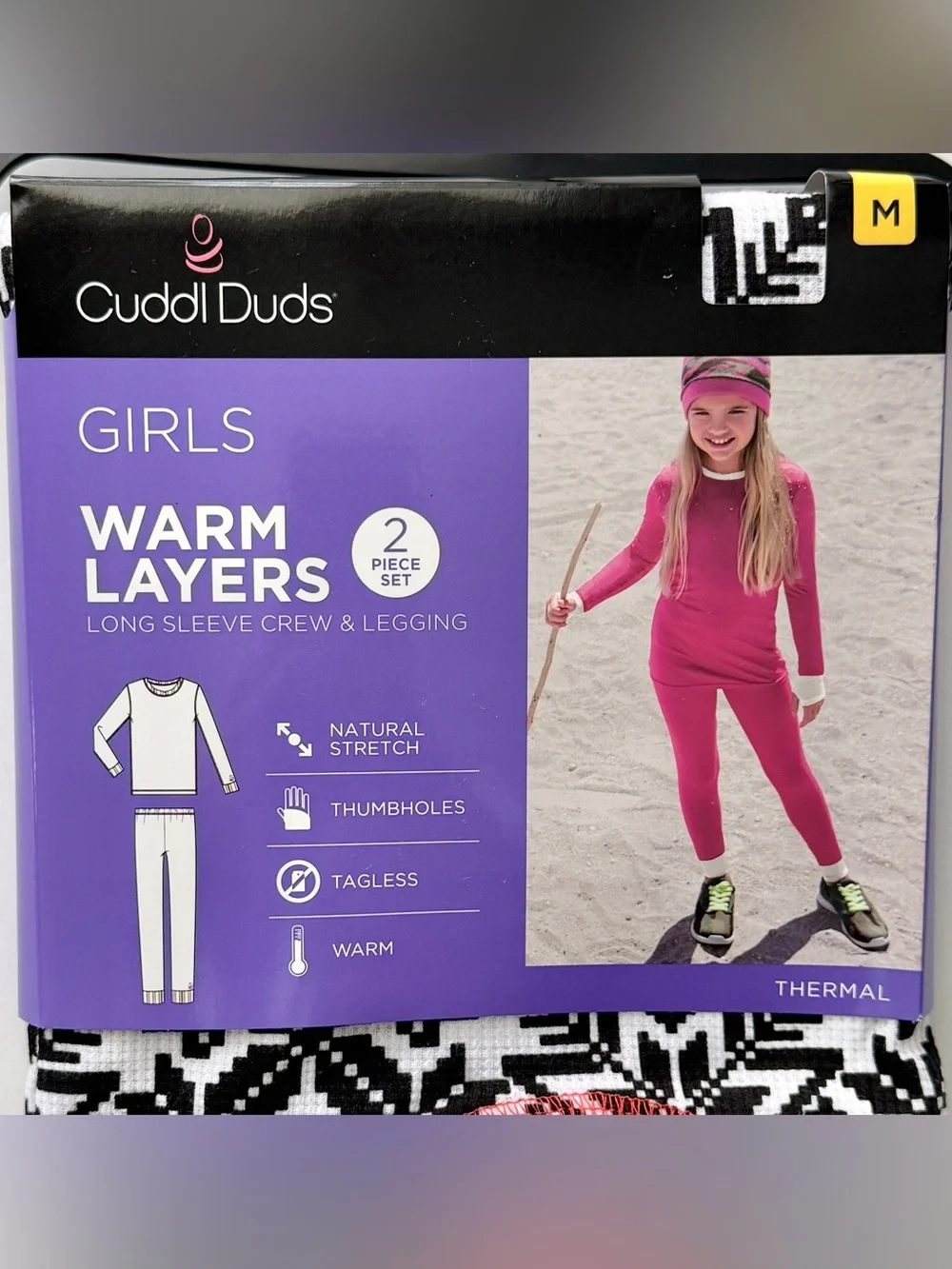 NWT Cuddl Duds Girls 2-Piece Thermal Set - Black & White Snowflake Pattern
